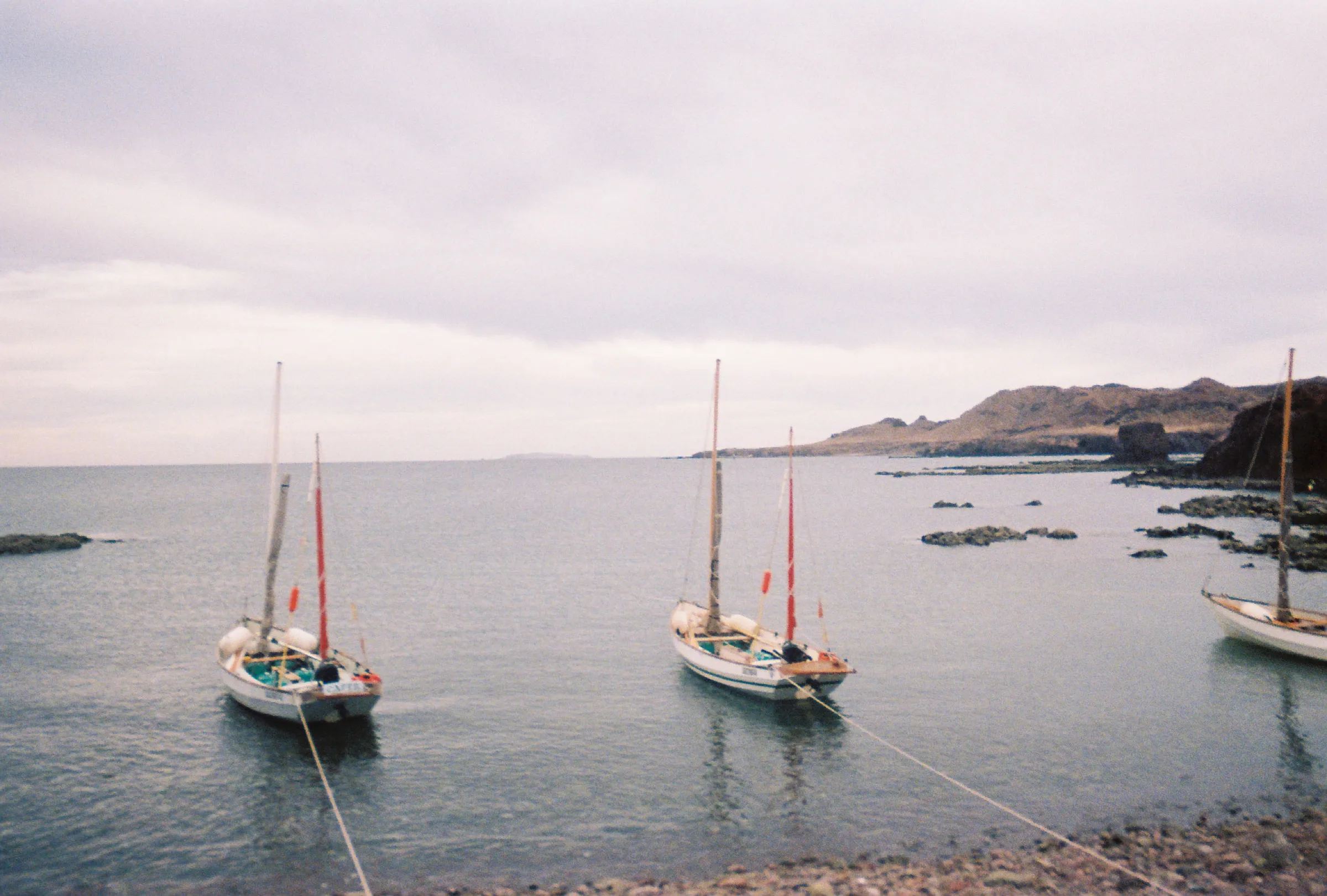 Three small sailboats moored in a quiet bay along Baja's rocky coast